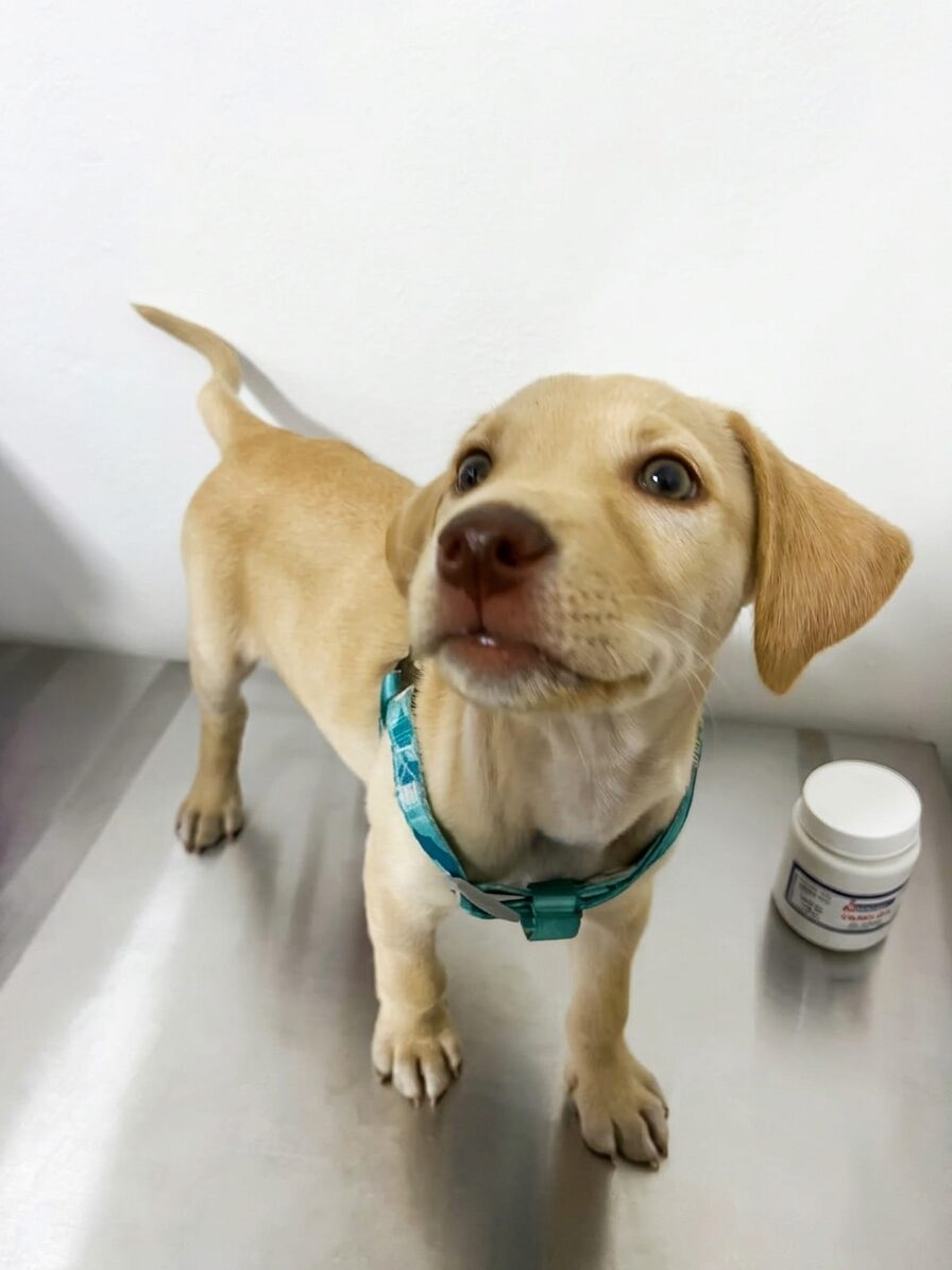 Cachorro labrador sobre la mesa de acero inoxidable del consultorio, durante su control